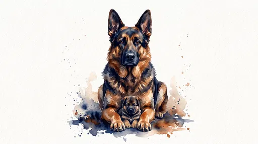Watercolor German Shepherd Dog and Puppy