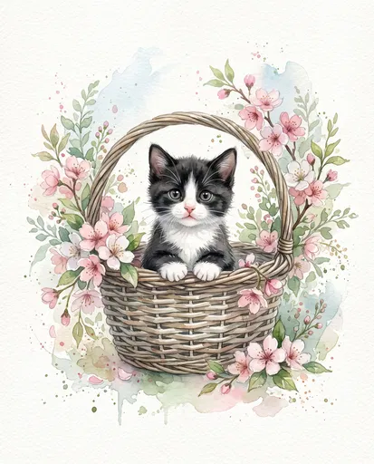 Watercolor Tuxedo Kitten in Floral Basket