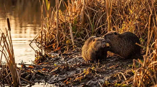 Two Nutrias Nuzzling on Marsh Bank