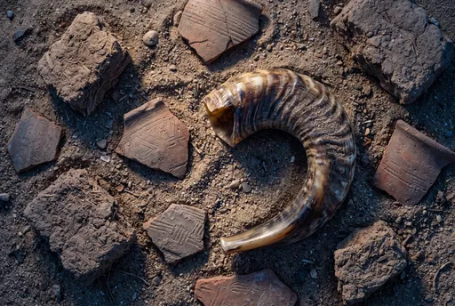 Shofar and Ancient Pottery Shards on Sand