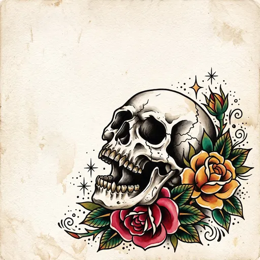 Vintage Tattoo Skull and Roses Illustration