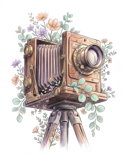 Antique Wooden Camera With Pastel Wildflowers Illustration