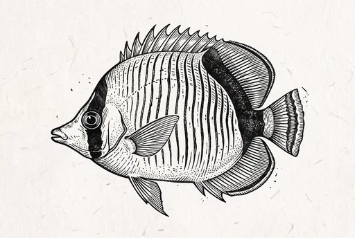 Monochrome Linocut Lined Butterflyfish Illustration