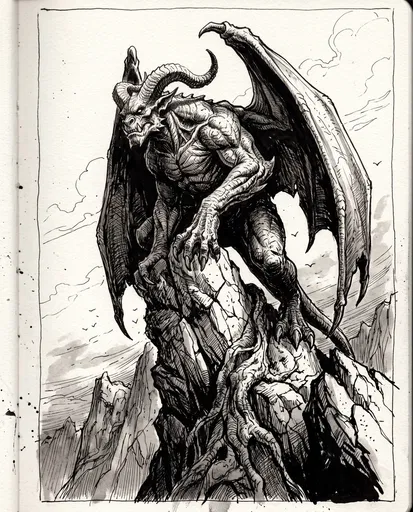 Black Ink Gargoyle Monster on Rocky Spire