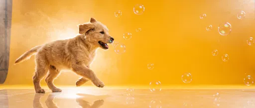 Golden Retriever Puppy Chasing Soap Bubbles
