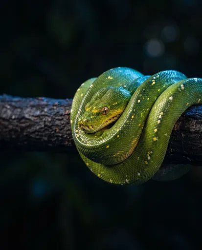 Green Tree Python Coiled on Dark Branch
