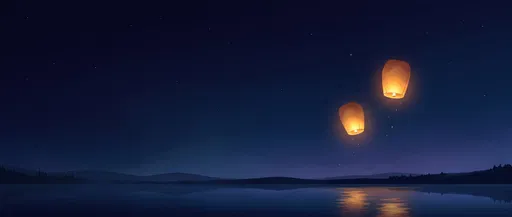 Two Glowing Paper Lanterns Over Night Lake