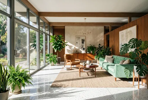 Sunny Mid-Century Living Room With Mint Sofa