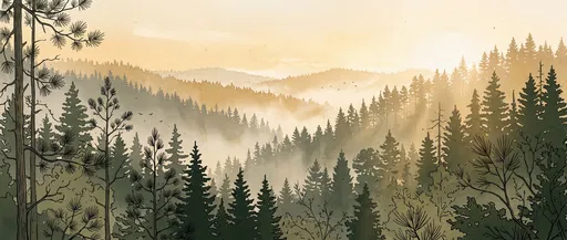 Misty Pine Forest Dawn Illustration