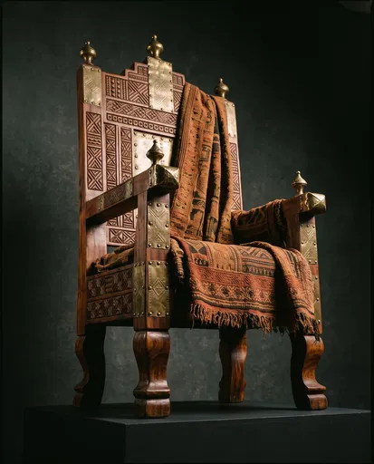 Carved Wooden Royal Throne With Brass