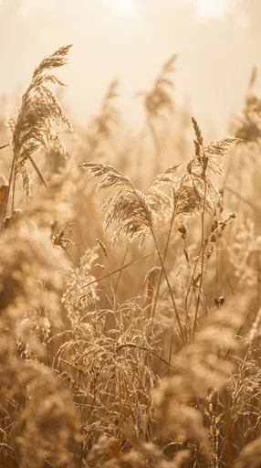 Golden Autumn Reeds in Morning Mist