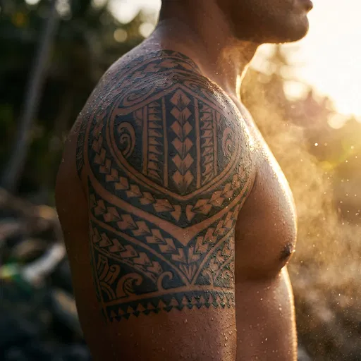 Man With Polynesian Shoulder Tattoo At Sunset