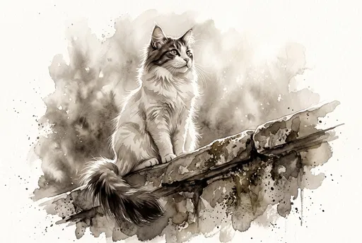 Sepia Watercolor Illustration of Perched Cat