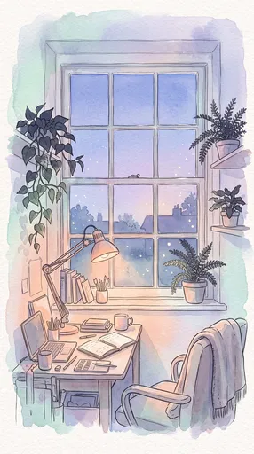 Pastel Watercolor Cozy Home Office Window