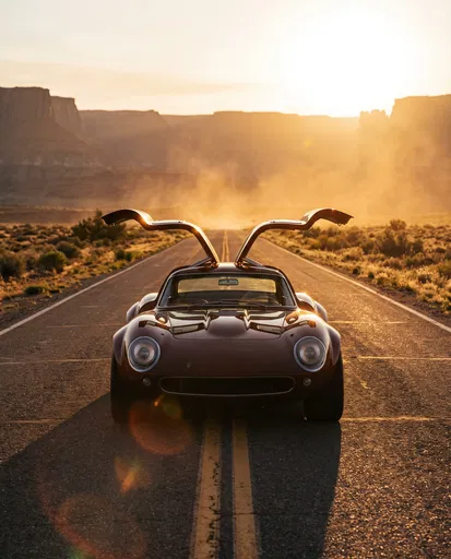 Vintage Gullwing Car on Desert Road