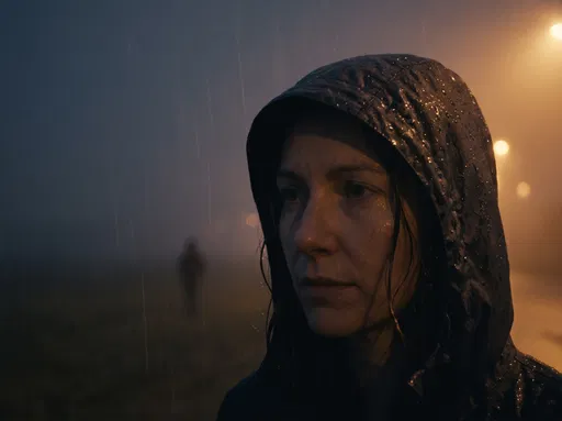 Woman in Wet Hood at Night