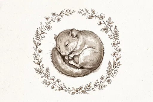 Sleeping Dormouse in Floral Wreath Illustration