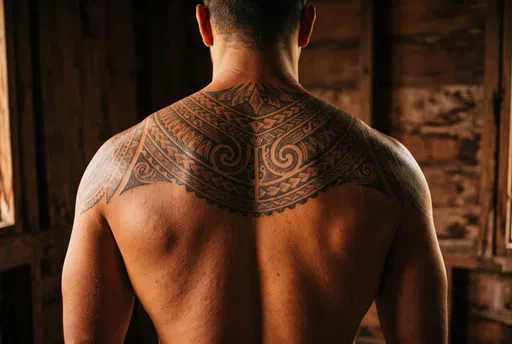 Muscular Man With Polynesian Back Tattoo