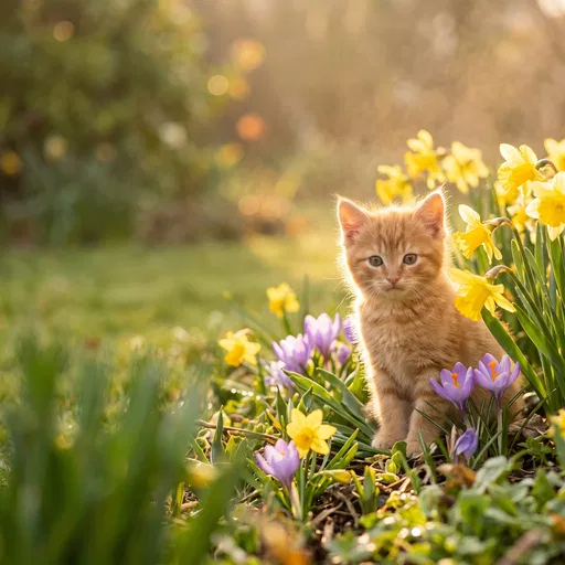 Orange Tabby Kitten Among Spring Flowers