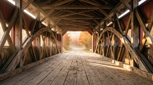 Sunlit Interior of Autumn Covered Bridge