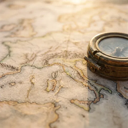Antique Brass Compass on Vintage Map of Italy