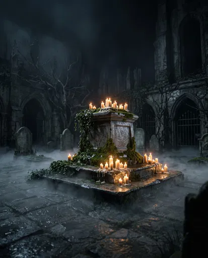 Candlelit Mossy Stone Altar in Foggy Courtyard