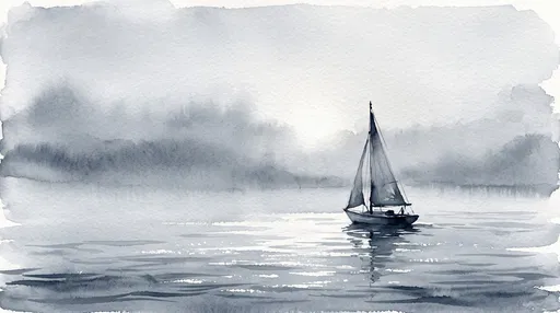 Monochrome Watercolor Sailboat on Misty Water