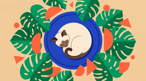 Graphic Siamese Cat With Monstera Leaves
