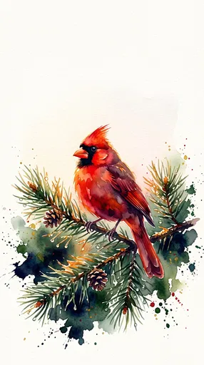 Watercolor Red Cardinal on Pine Branch