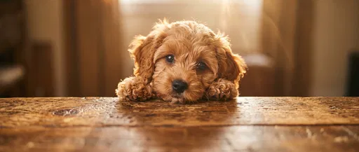 Apricot Cavapoo Puppy Peeking Over Wooden Table