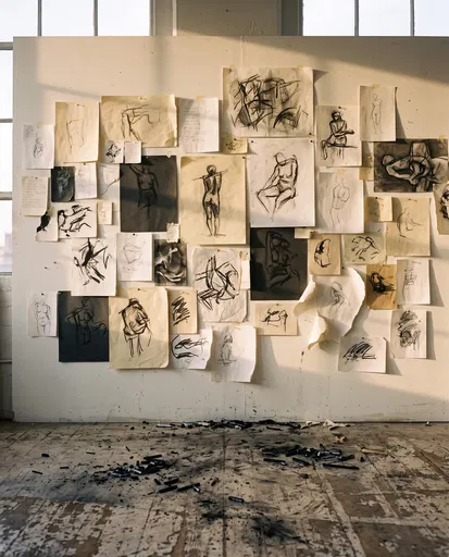 Charcoal Sketches Pinned on Studio Wall