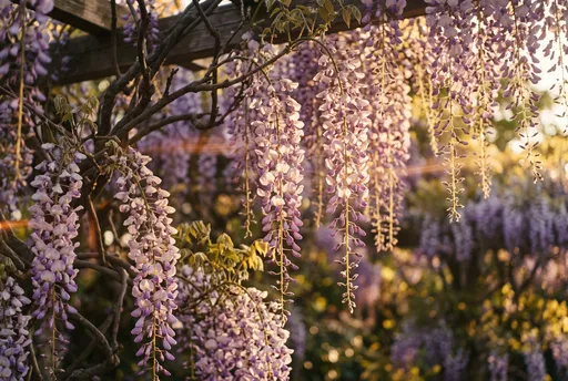 Sunlit Purple Wisteria Cascading from Trellis