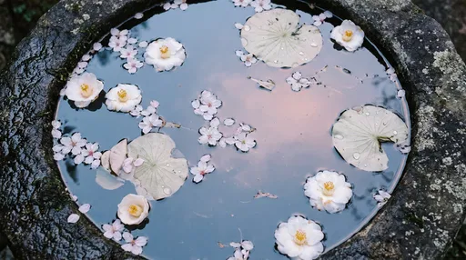 Floating White Flowers in Stone Basin
