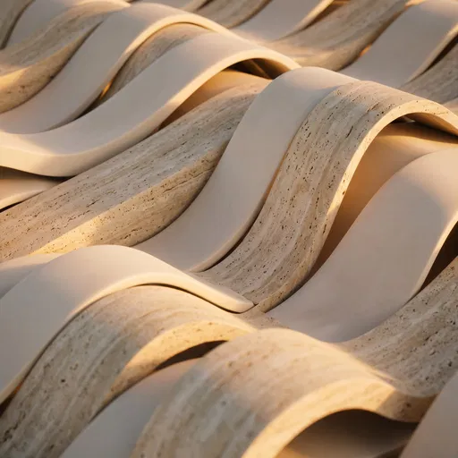 Undulating Ivory Porcelain and Travertine Ribbons