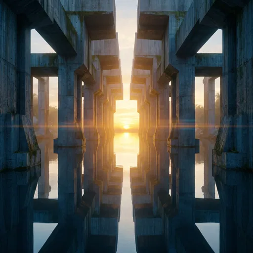 Symmetrical Brutalist Water Corridor at Sunset