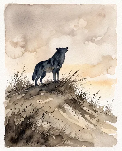 Watercolor Lone Wolf on Windy Hill