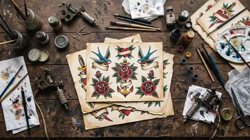 Traditional Tattoo Flash Workbench Flat Lay