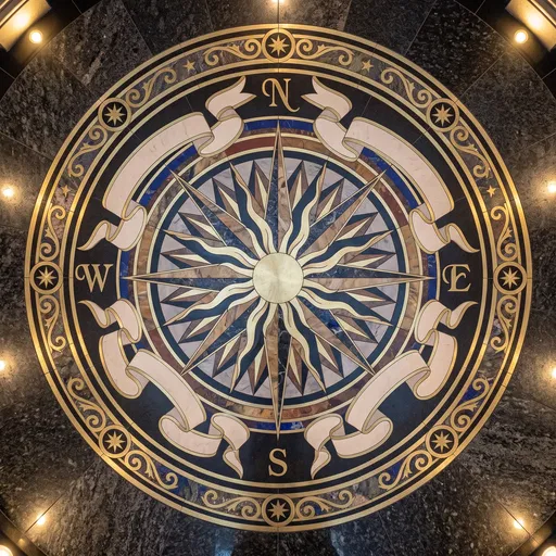 Ornate Brass and Stone Compass Floor Emblem