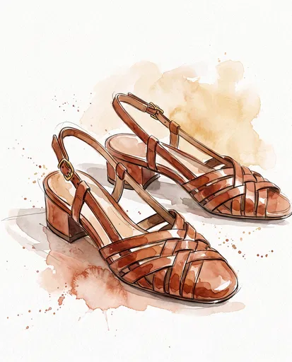 Watercolor Illustration of Brown Woven Slingback Heels