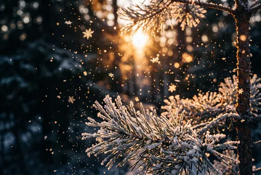 Golden Sunlight Through Frosted Pine Needles