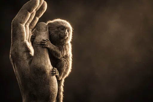 Pygmy Marmoset Clinging to Sculpted Hand