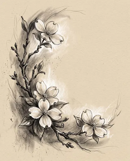 Charcoal Dogwood Branch Sketch on Beige Paper