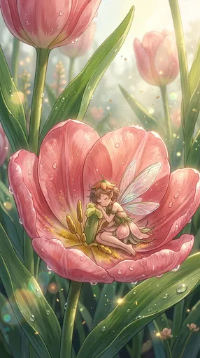 Tiny Fairy Sleeping Inside Pink Tulip