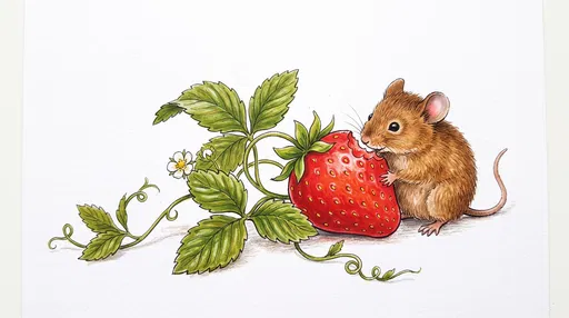 Illustration of Brown Mouse Nibbling Strawberry