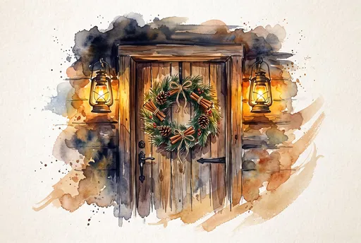 Watercolor Rustic Cabin Door With Holiday Wreath