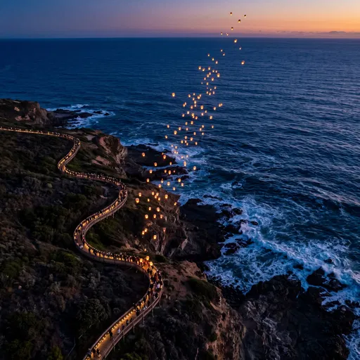 Sky Lanterns Over Coastal Boardwalk at Dusk