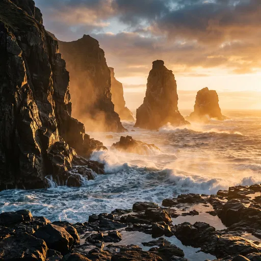 Dramatic Rocky Coastline at Golden Sunrise