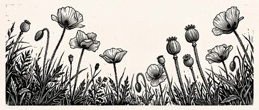 Monochrome Linocut Poppy Flowers Illustration