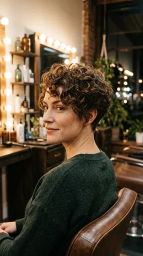 Woman With Curly Pixie Cut in Salon