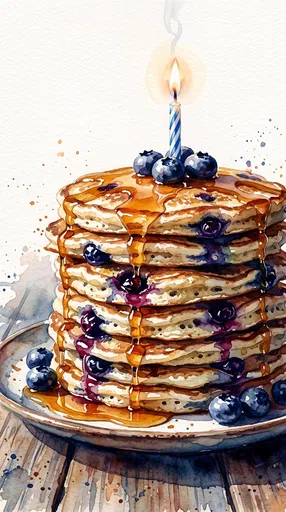 Watercolor Blueberry Pancakes with Birthday Candle